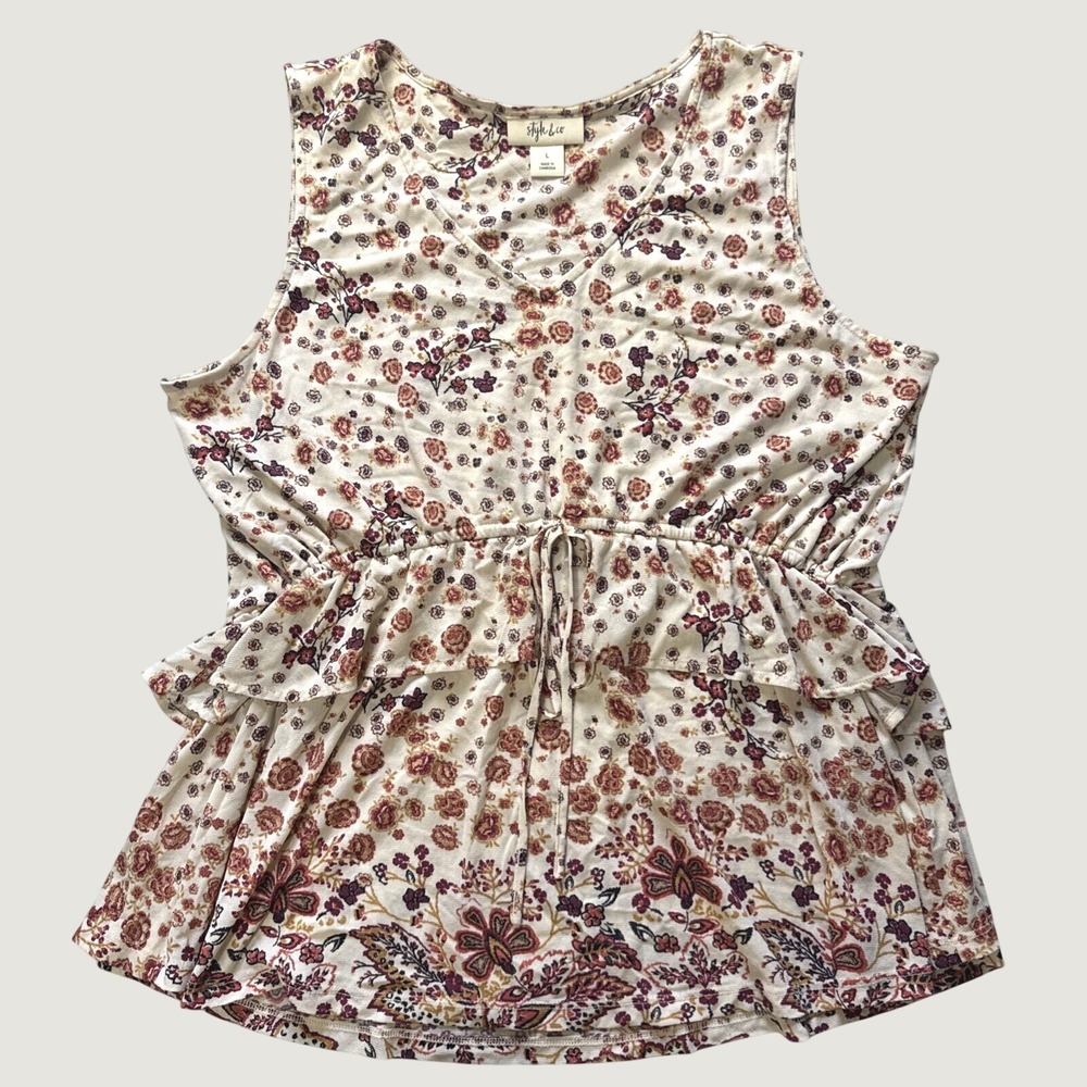 Style & Co Womens Floral Peplum Top V-Neck Sleeveless Boho Blouse Cream L